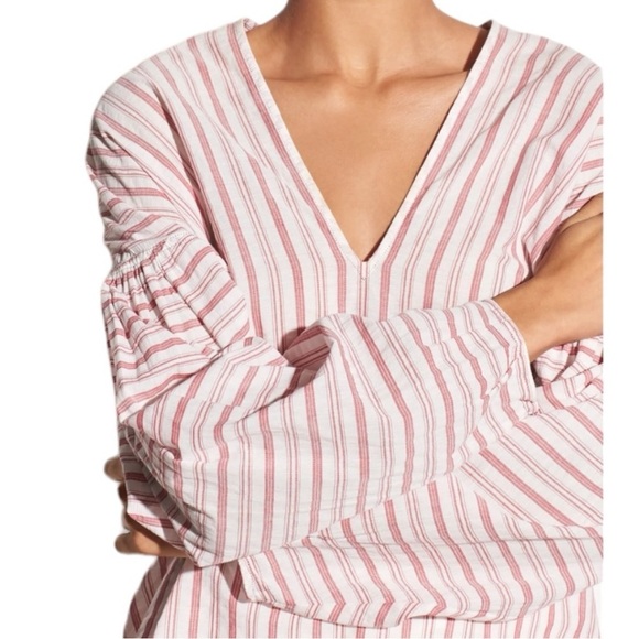 VINCE | Variegated Red Striped Long Sleeve Pullover Top | Cotton V-neck | Medium - Picture 1 of 14